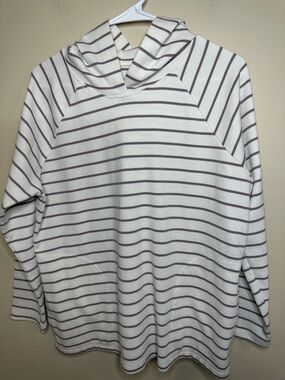 Max & Mia XL Striped Waffle Textured Hooded Pullover - Cream with Brown Stripes
